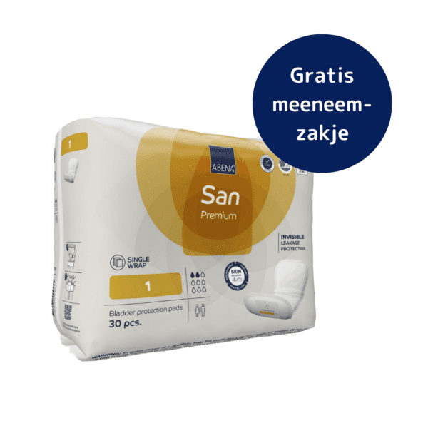 Gratis meeneemzakje bij ABENA San incontinentiemateriaal voor een hygiënische en discrete verwerking.