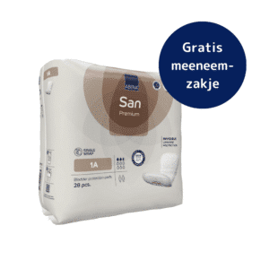 Gratis meeneemzakje bij ABENA San incontinentiemateriaal voor een hygiënische en discrete verwerking.