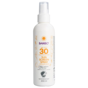 BAMBO zonnebrandlotion SPF 30 in een handige sprayflacon van 200 ml.