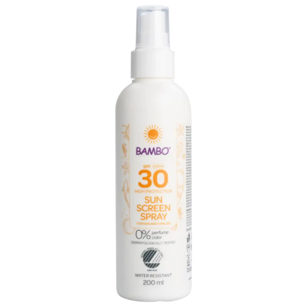 BAMBO zonnebrandlotion SPF 30 in een handige sprayflacon van 200 ml.